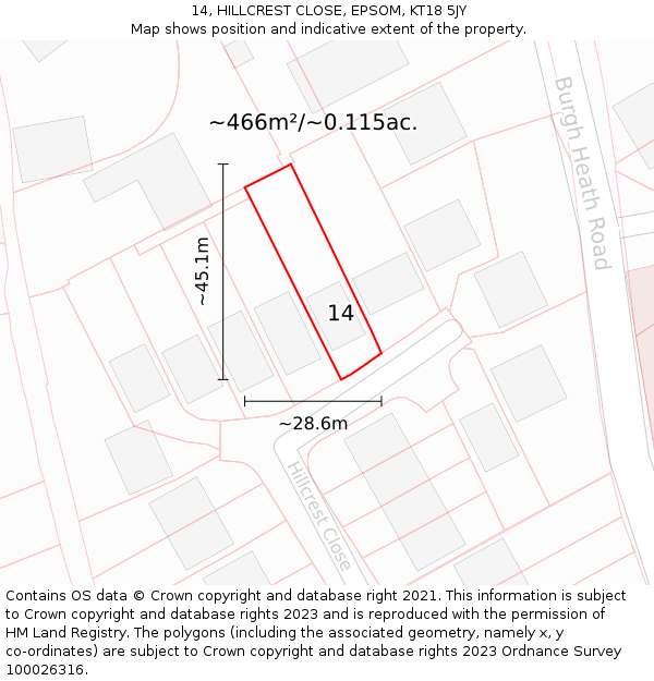14, HILLCREST CLOSE, EPSOM, KT18 5JY: Plot and title map