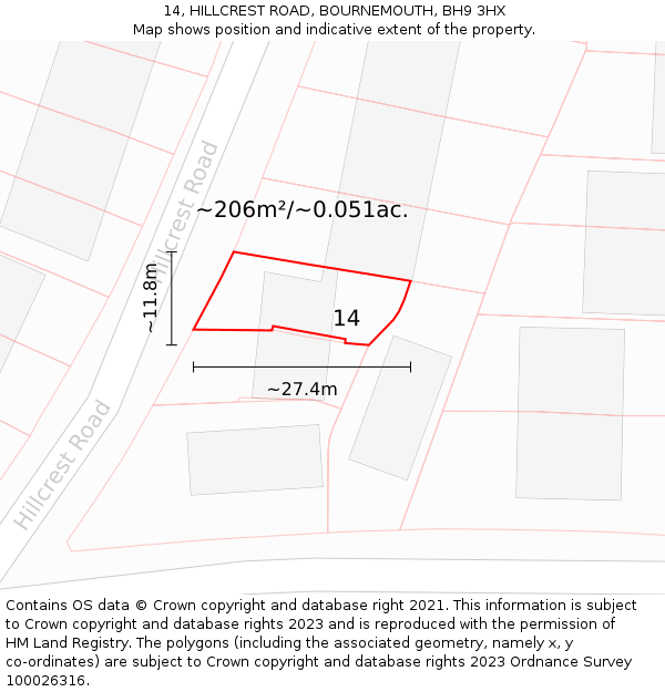 14, HILLCREST ROAD, BOURNEMOUTH, BH9 3HX: Plot and title map