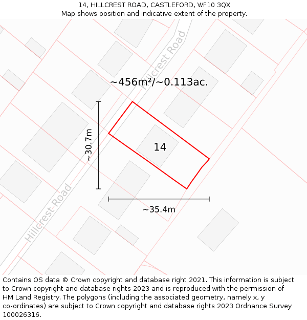 14, HILLCREST ROAD, CASTLEFORD, WF10 3QX: Plot and title map