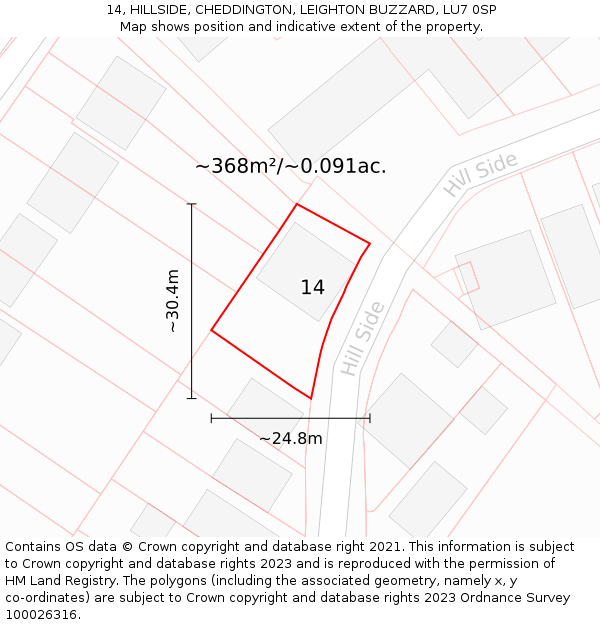 14, HILLSIDE, CHEDDINGTON, LEIGHTON BUZZARD, LU7 0SP: Plot and title map