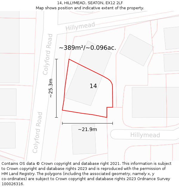 14, HILLYMEAD, SEATON, EX12 2LF: Plot and title map