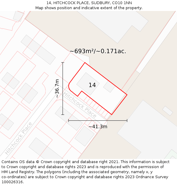 14, HITCHCOCK PLACE, SUDBURY, CO10 1NN: Plot and title map