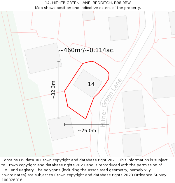 14, HITHER GREEN LANE, REDDITCH, B98 9BW: Plot and title map