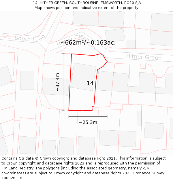 14, HITHER GREEN, SOUTHBOURNE, EMSWORTH, PO10 8JA: Plot and title map