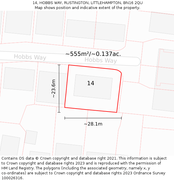 14, HOBBS WAY, RUSTINGTON, LITTLEHAMPTON, BN16 2QU: Plot and title map