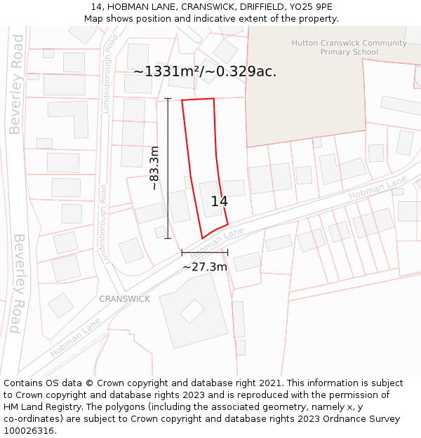 14, HOBMAN LANE, CRANSWICK, DRIFFIELD, YO25 9PE: Plot and title map