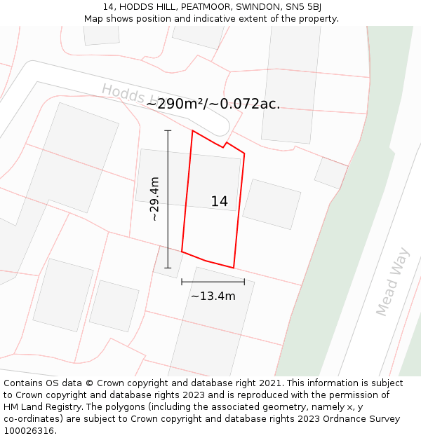 14, HODDS HILL, PEATMOOR, SWINDON, SN5 5BJ: Plot and title map