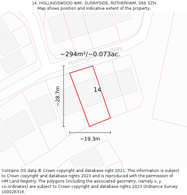 14, HOLLINGSWOOD WAY, SUNNYSIDE, ROTHERHAM, S66 3ZN: Plot and title map