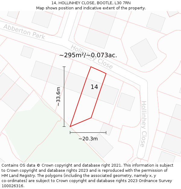 14, HOLLINHEY CLOSE, BOOTLE, L30 7RN: Plot and title map