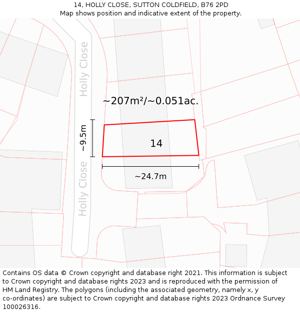 14, HOLLY CLOSE, SUTTON COLDFIELD, B76 2PD: Plot and title map