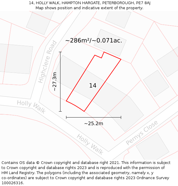 14, HOLLY WALK, HAMPTON HARGATE, PETERBOROUGH, PE7 8AJ: Plot and title map