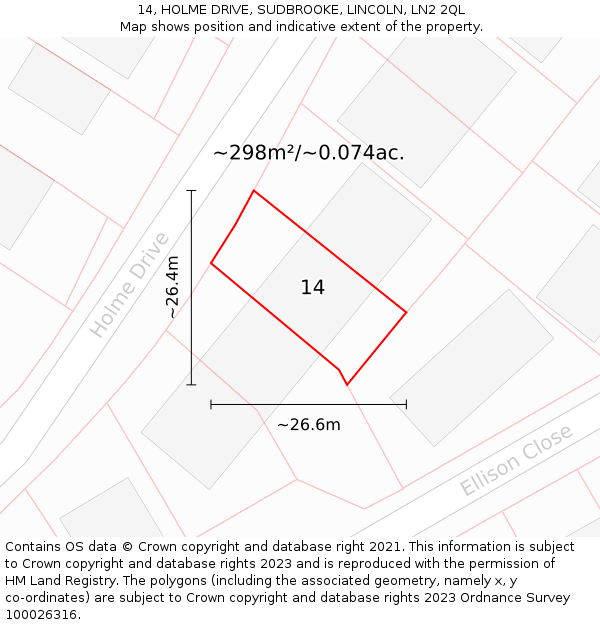 14, HOLME DRIVE, SUDBROOKE, LINCOLN, LN2 2QL: Plot and title map