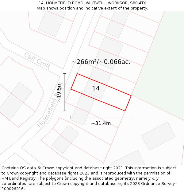 14, HOLMEFIELD ROAD, WHITWELL, WORKSOP, S80 4TX: Plot and title map