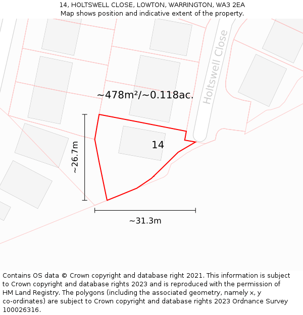 14, HOLTSWELL CLOSE, LOWTON, WARRINGTON, WA3 2EA: Plot and title map