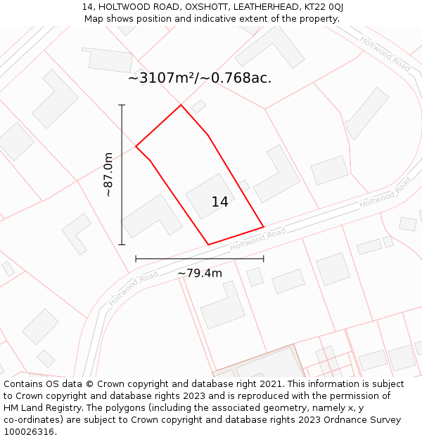14, HOLTWOOD ROAD, OXSHOTT, LEATHERHEAD, KT22 0QJ: Plot and title map