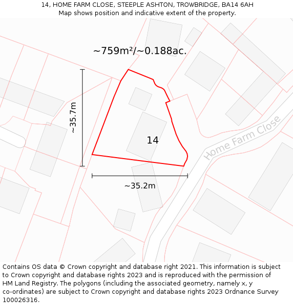 14, HOME FARM CLOSE, STEEPLE ASHTON, TROWBRIDGE, BA14 6AH: Plot and title map