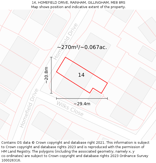 14, HOMEFIELD DRIVE, RAINHAM, GILLINGHAM, ME8 8RS: Plot and title map