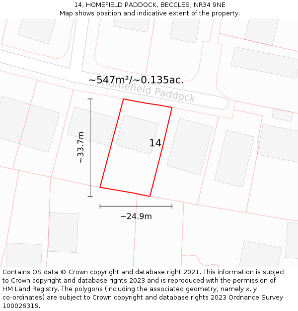 14, HOMEFIELD PADDOCK, BECCLES, NR34 9NE: Plot and title map