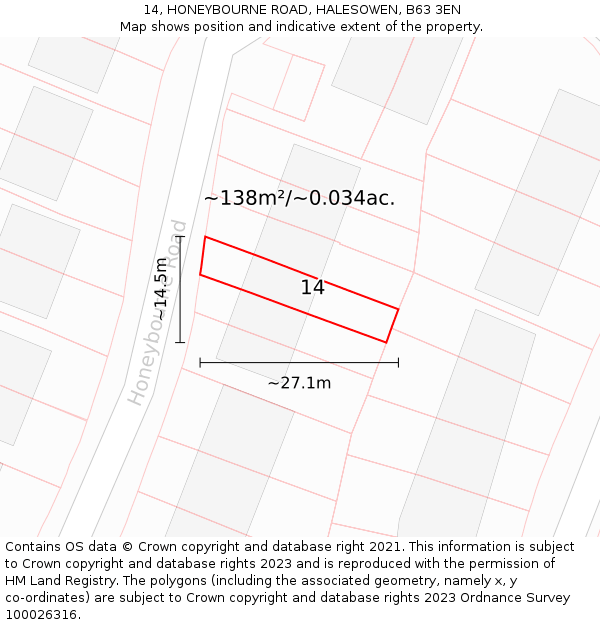 14, HONEYBOURNE ROAD, HALESOWEN, B63 3EN: Plot and title map