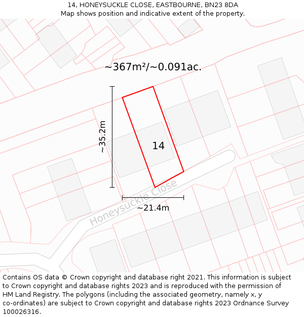 14, HONEYSUCKLE CLOSE, EASTBOURNE, BN23 8DA: Plot and title map