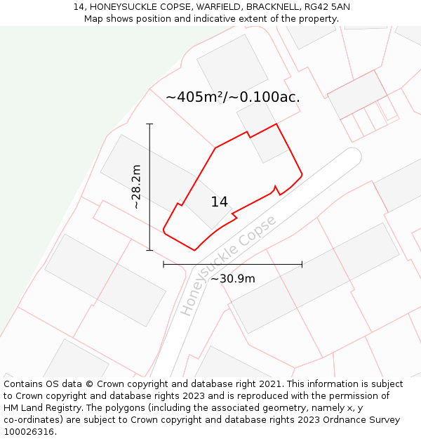 14, HONEYSUCKLE COPSE, WARFIELD, BRACKNELL, RG42 5AN: Plot and title map