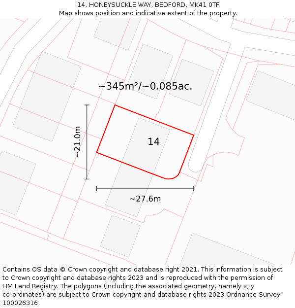 14, HONEYSUCKLE WAY, BEDFORD, MK41 0TF: Plot and title map