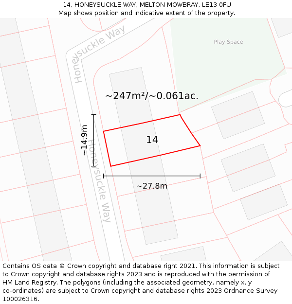 14, HONEYSUCKLE WAY, MELTON MOWBRAY, LE13 0FU: Plot and title map