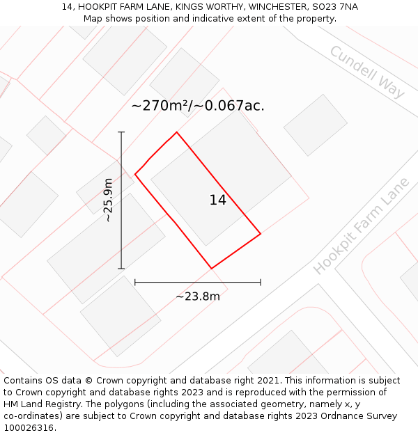 14, HOOKPIT FARM LANE, KINGS WORTHY, WINCHESTER, SO23 7NA: Plot and title map