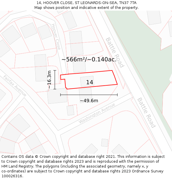 14, HOOVER CLOSE, ST LEONARDS-ON-SEA, TN37 7TA: Plot and title map