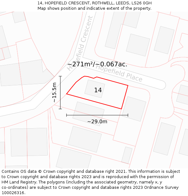 14, HOPEFIELD CRESCENT, ROTHWELL, LEEDS, LS26 0GH: Plot and title map