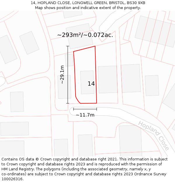 14, HOPLAND CLOSE, LONGWELL GREEN, BRISTOL, BS30 9XB: Plot and title map