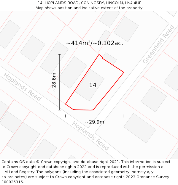 14, HOPLANDS ROAD, CONINGSBY, LINCOLN, LN4 4UE: Plot and title map
