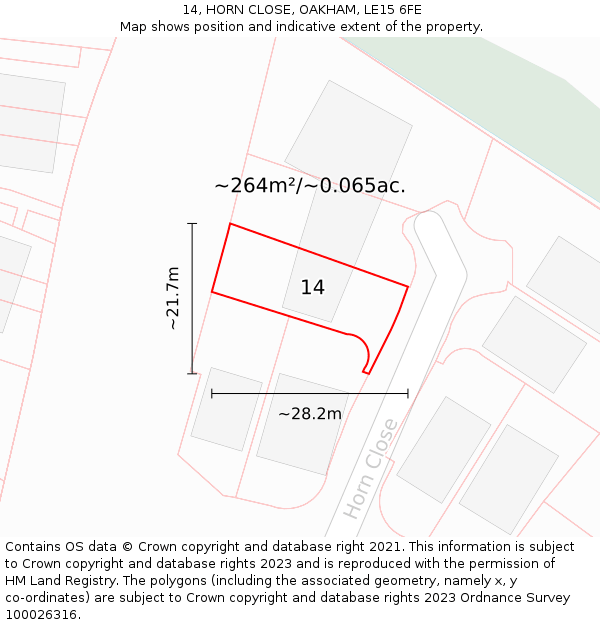 14, HORN CLOSE, OAKHAM, LE15 6FE: Plot and title map