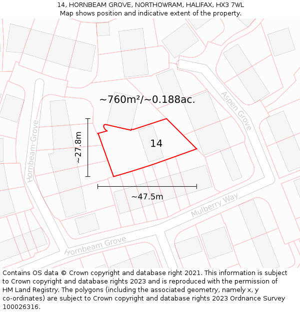 14, HORNBEAM GROVE, NORTHOWRAM, HALIFAX, HX3 7WL: Plot and title map