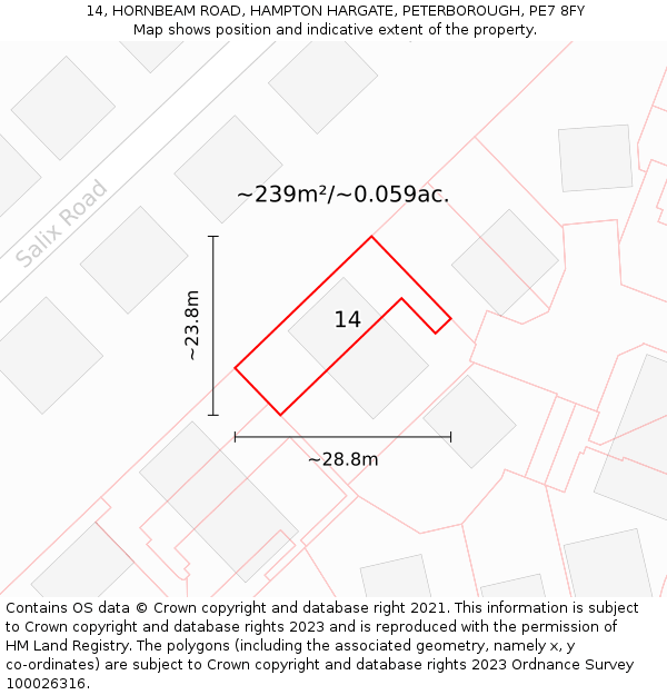 14, HORNBEAM ROAD, HAMPTON HARGATE, PETERBOROUGH, PE7 8FY: Plot and title map