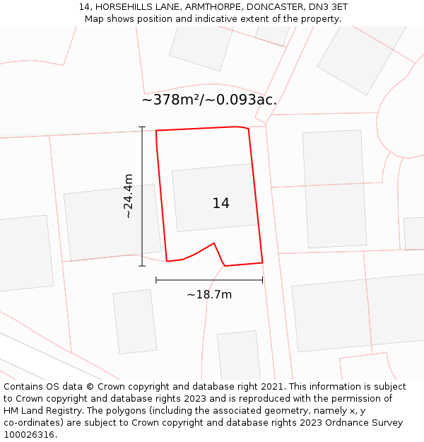 14, HORSEHILLS LANE, ARMTHORPE, DONCASTER, DN3 3ET: Plot and title map
