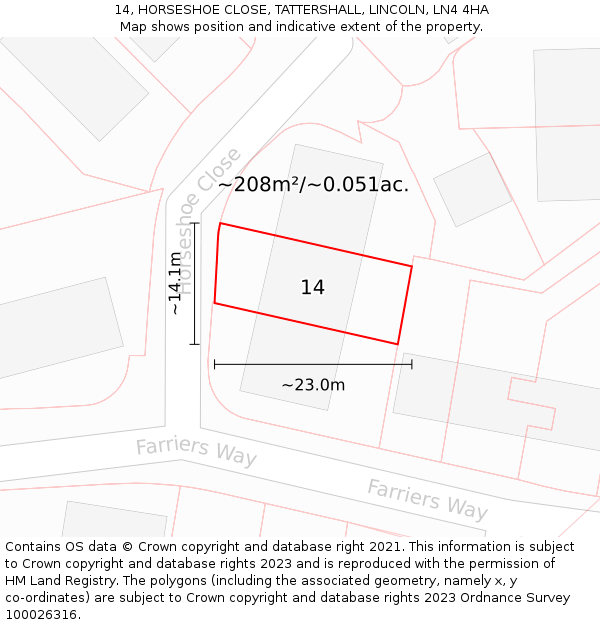 14, HORSESHOE CLOSE, TATTERSHALL, LINCOLN, LN4 4HA: Plot and title map