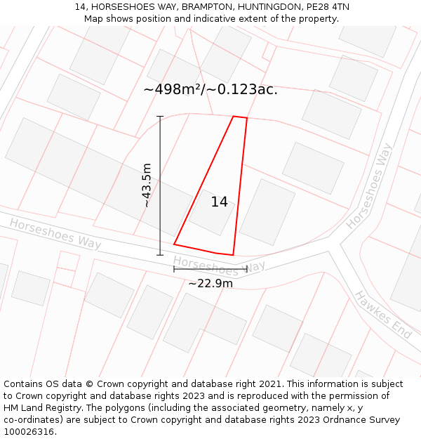 14, HORSESHOES WAY, BRAMPTON, HUNTINGDON, PE28 4TN: Plot and title map