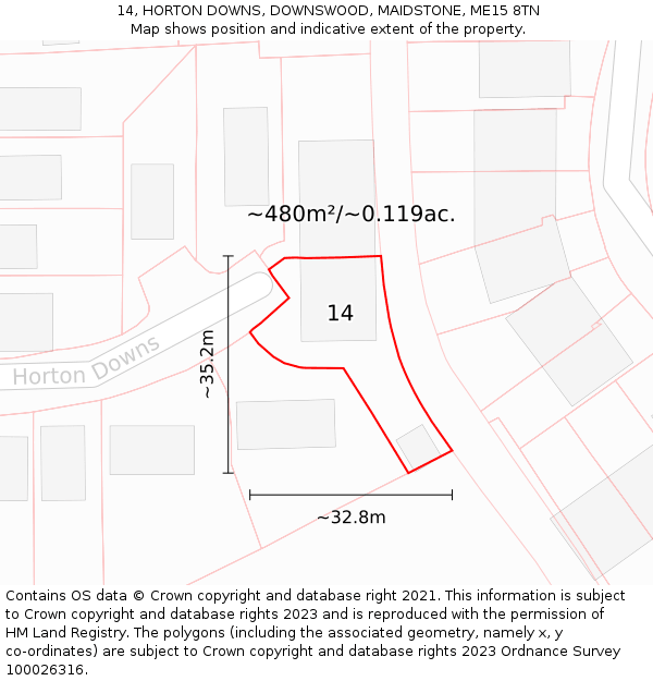 14, HORTON DOWNS, DOWNSWOOD, MAIDSTONE, ME15 8TN: Plot and title map