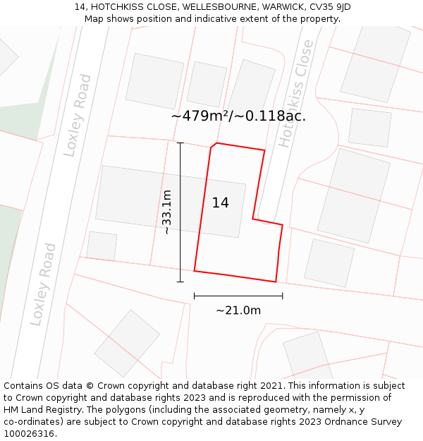 14, HOTCHKISS CLOSE, WELLESBOURNE, WARWICK, CV35 9JD: Plot and title map
