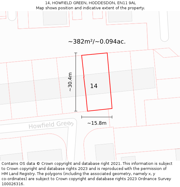 14, HOWFIELD GREEN, HODDESDON, EN11 9AL: Plot and title map