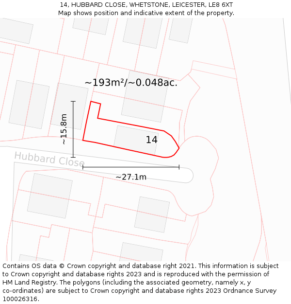 14, HUBBARD CLOSE, WHETSTONE, LEICESTER, LE8 6XT: Plot and title map