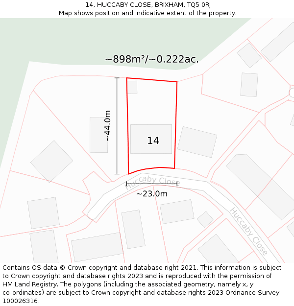 14, HUCCABY CLOSE, BRIXHAM, TQ5 0RJ: Plot and title map
