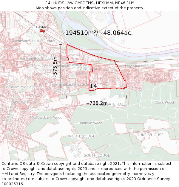 14, HUDSHAW GARDENS, HEXHAM, NE46 1HY: Plot and title map