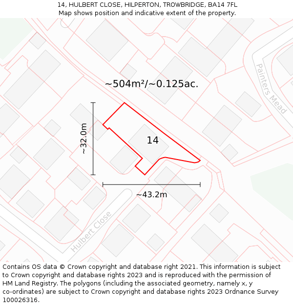 14, HULBERT CLOSE, HILPERTON, TROWBRIDGE, BA14 7FL: Plot and title map