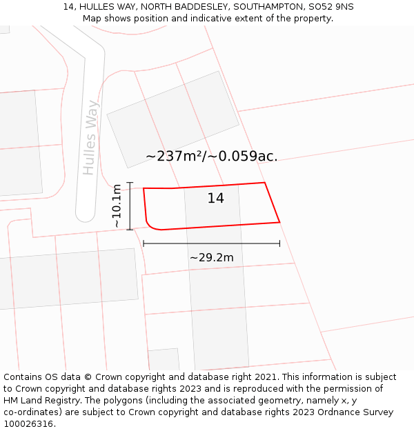 14, HULLES WAY, NORTH BADDESLEY, SOUTHAMPTON, SO52 9NS: Plot and title map