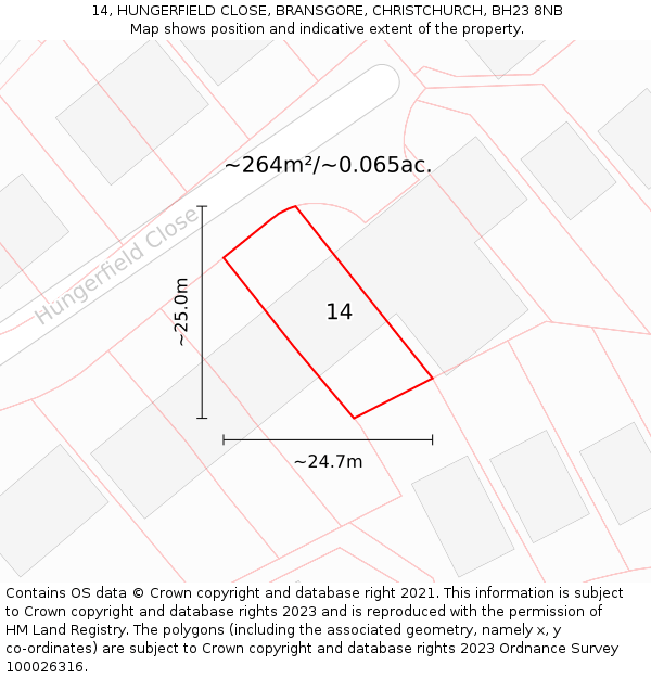 14, HUNGERFIELD CLOSE, BRANSGORE, CHRISTCHURCH, BH23 8NB: Plot and title map