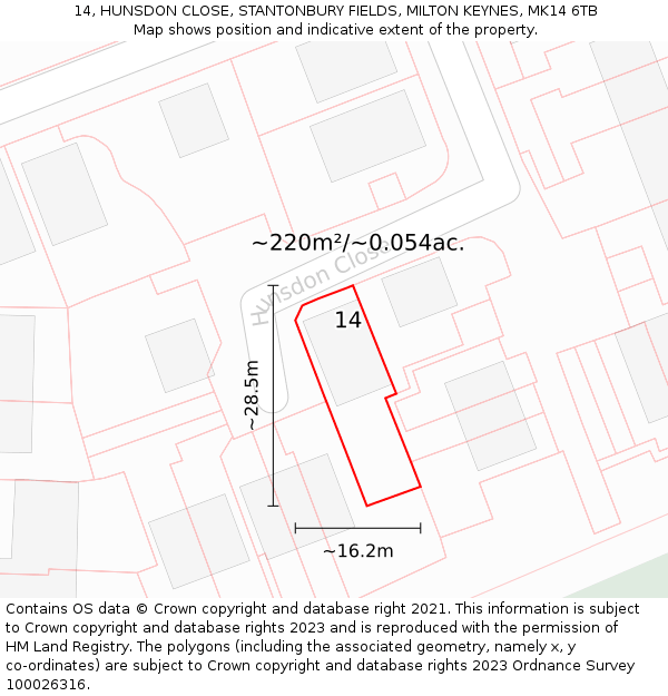 14, HUNSDON CLOSE, STANTONBURY FIELDS, MILTON KEYNES, MK14 6TB: Plot and title map