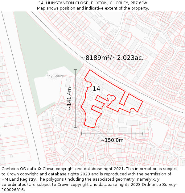 14, HUNSTANTON CLOSE, EUXTON, CHORLEY, PR7 6FW: Plot and title map