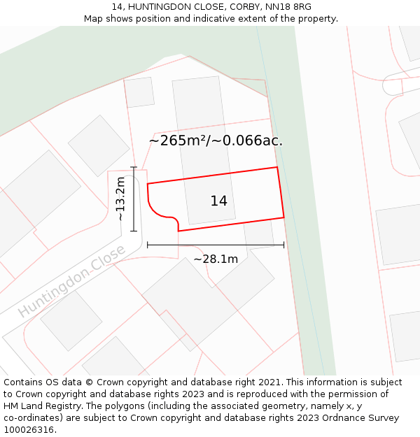 14, HUNTINGDON CLOSE, CORBY, NN18 8RG: Plot and title map